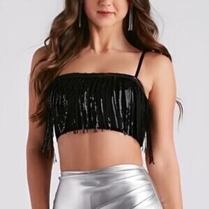 Mainstrip Black Sequin Fringe Bandeau‎ Festival Party Camisole Small